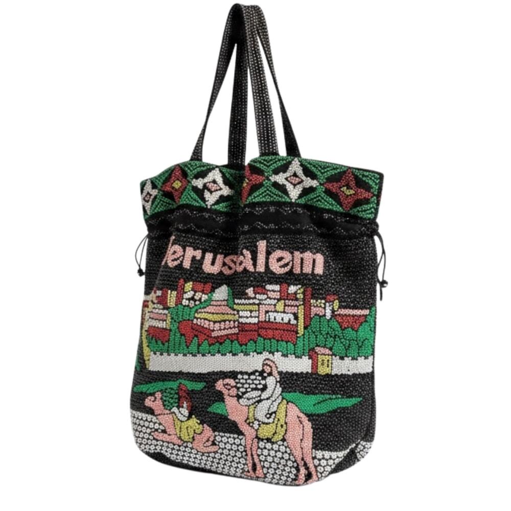 Handmade Jerusalem Beaded Tote Bag Vintage Camel Cityscape Drawstring Boho Bag